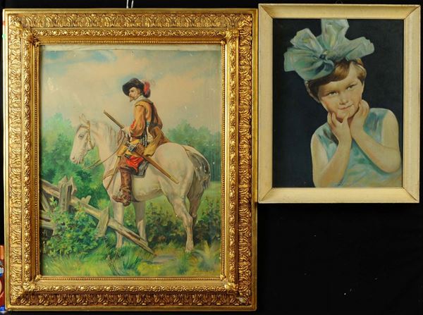Lotto di quattro quadri di cui due dipinti ad olio, un acquarello e una stampa