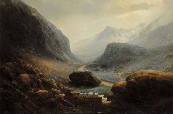 Scuola Inglese XIX secolo Paesaggio montano con pecore