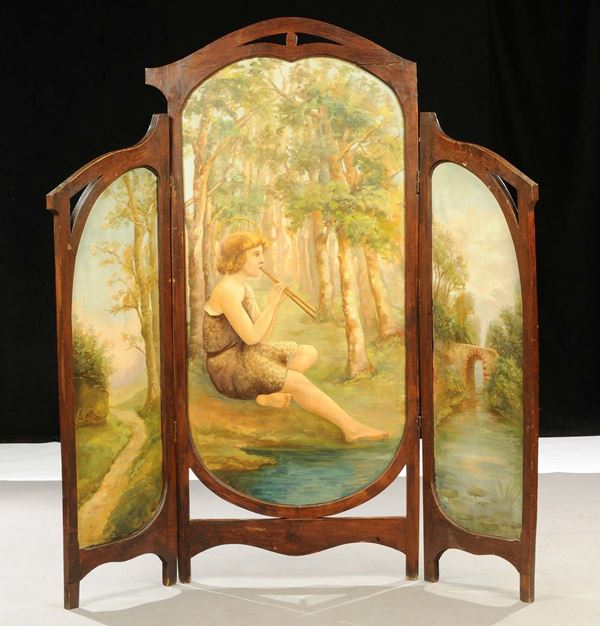Paravento a tre ante dipinte con Angelo musicante entro paesaggio, XX secolo