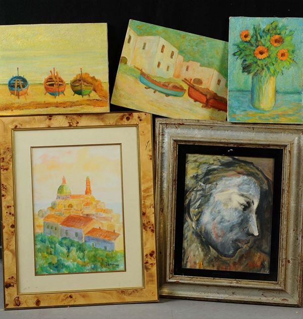Lotto di cinque dipinti moderni