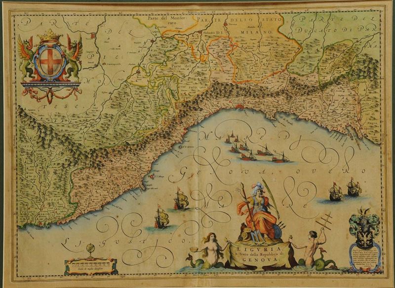 Carta acquerellata raffigurante la Liguria,1670-1680  - Asta Antiquariato e Dipinti Antichi - Cambi Casa d'Aste