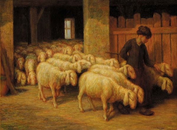 Carlo Costantino Tagliabue (1880-1968) Pastorella nella stalla