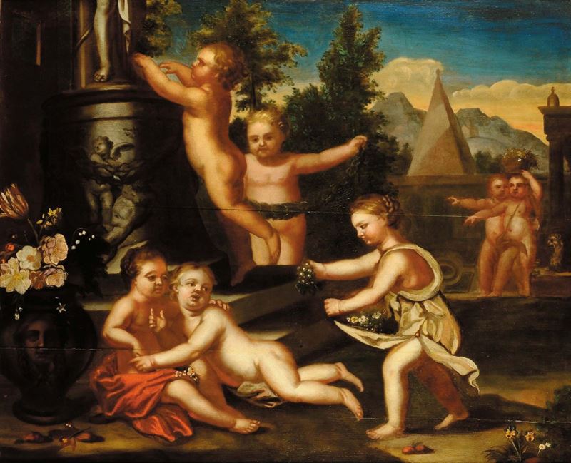 Scuola del XVII secolo Putti con fontana  - Auction Antiquariato e Dipinti Antichi - Cambi Casa d'Aste