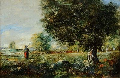 Scuola Francese del XIX Secolopaesaggio con Figura ed Albero
