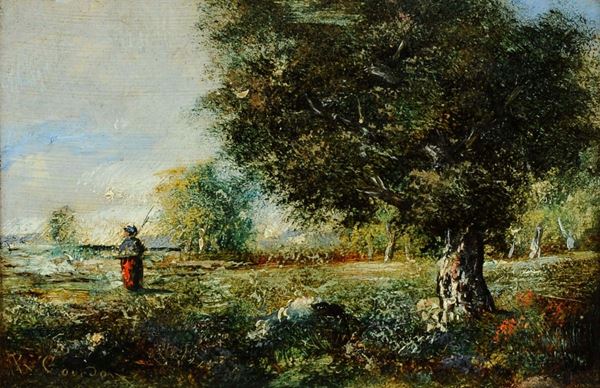 Scuola Francese del XIX secolo Paesaggio con figura ed albero