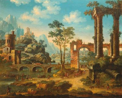 Scuola Fiamminga del XVII Secolopaesaggio Fluviale con Ruderi