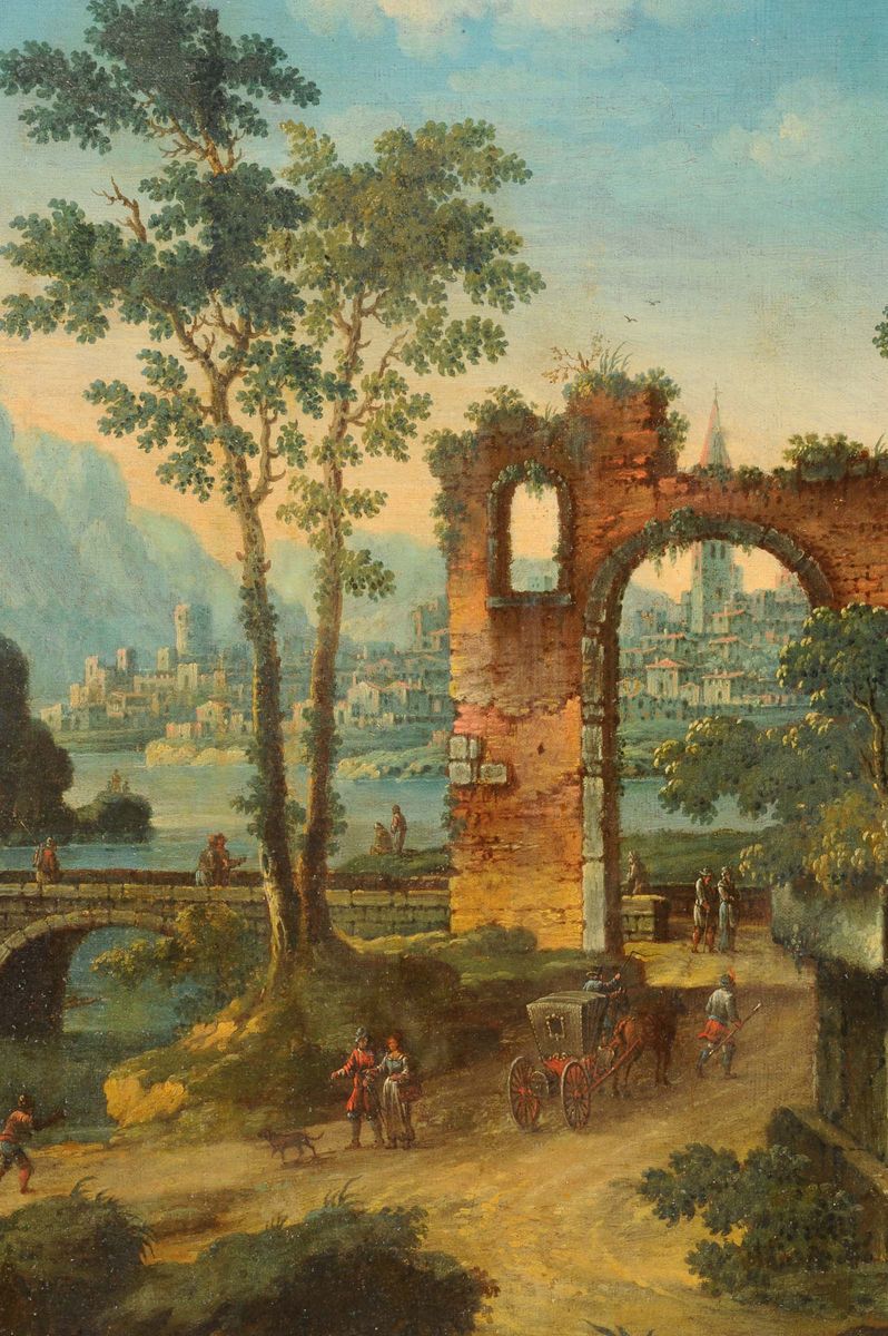 Scuola Fiamminga del XVII Secolopaesaggio Fluviale con Ruderi
