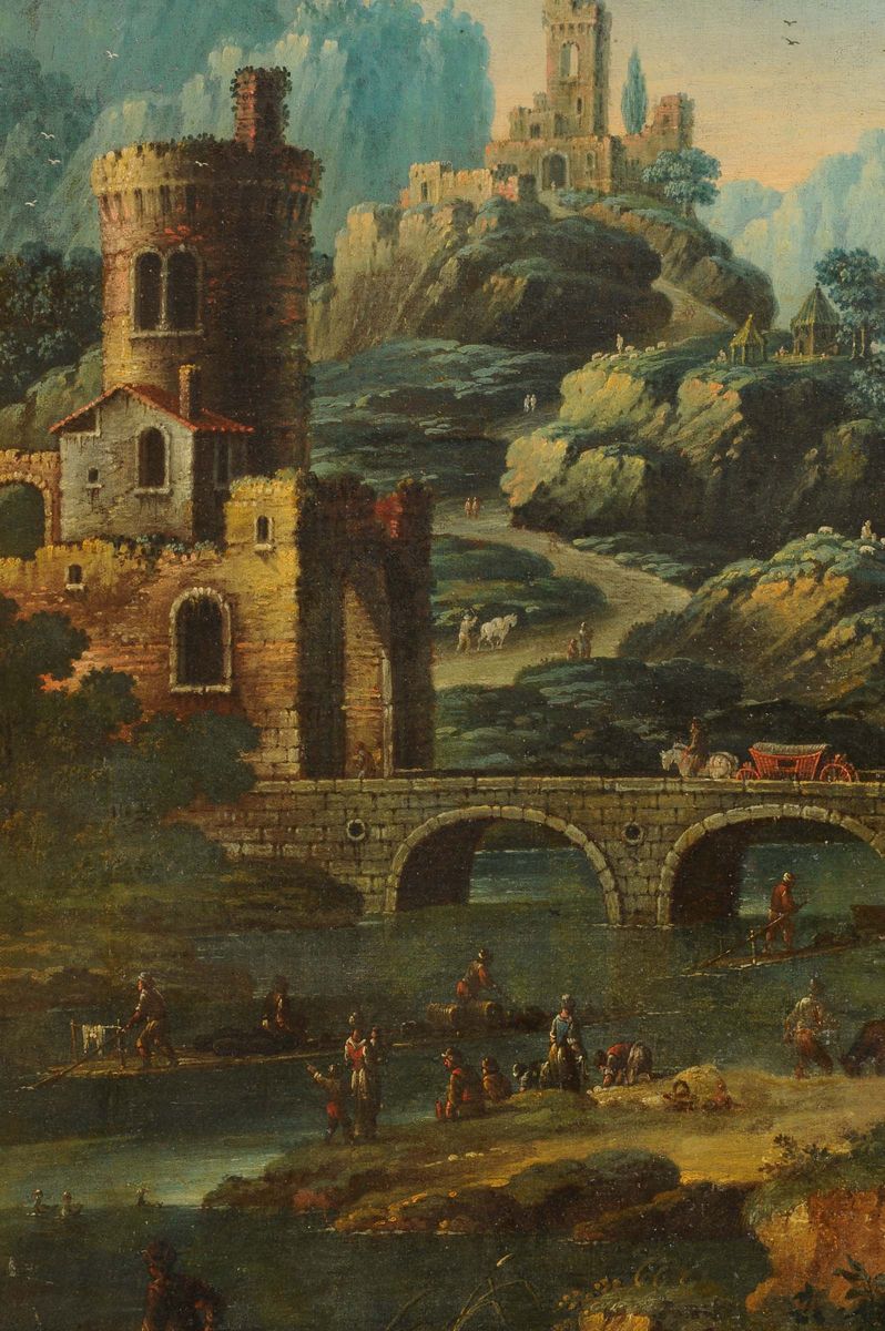 Scuola Fiamminga del XVII Secolopaesaggio Fluviale con Ruderi