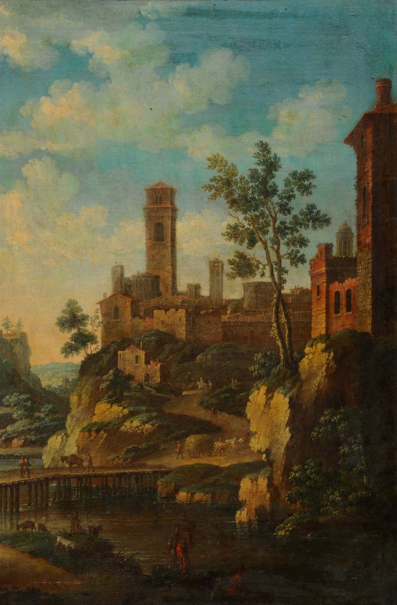 Scuola Fiamminga del XVII Secolopaesaggio Fluviale con Ruderi
