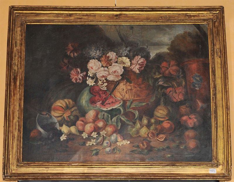 Scuola del XIX secolo Natura morta con fiori e frutta  - Asta Antiquariato e Dipinti Antichi - Cambi Casa d'Aste