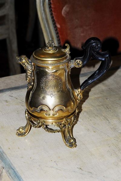 Caffettiera in Argento Vermeille con Manico in Legno Ebanizzato, Gr. 930