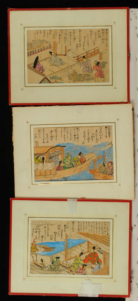 Sei Gouaches Raffiguranti Scenette Orientali, Giappone XIX Secolo