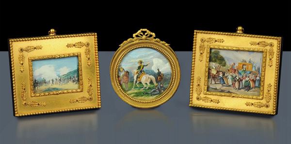 Tre miniature in cornici in bronzo dorato, XIX secolo