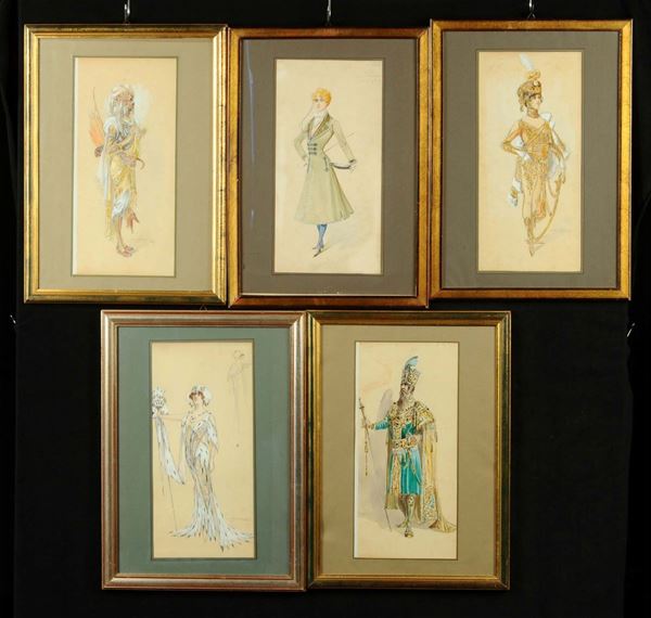 Cinque bozzetti raffiguranti studi di vesti, XIX secolo