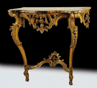Console a Goccia Luigi XV Intagliata e Dorata, Marche XVIII Secolo