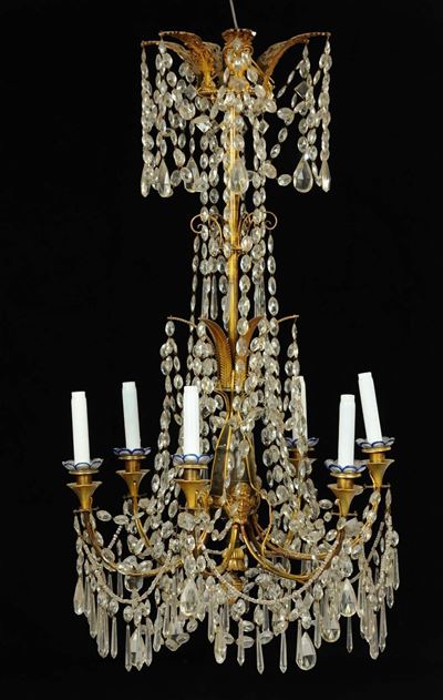 Lampadario a Sei Luci in Bronzo Dorato e Cristalli, XIX Secolo
