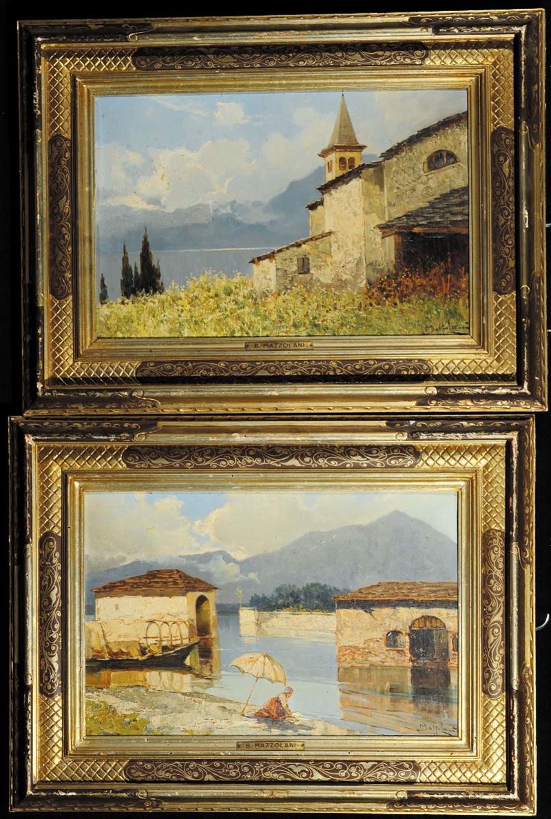 Bruto Mazzolani (1880-?) Vedute di lago del nord Italia  - Asta Dipinti del XIX e XX secolo - II - Cambi Casa d'Aste