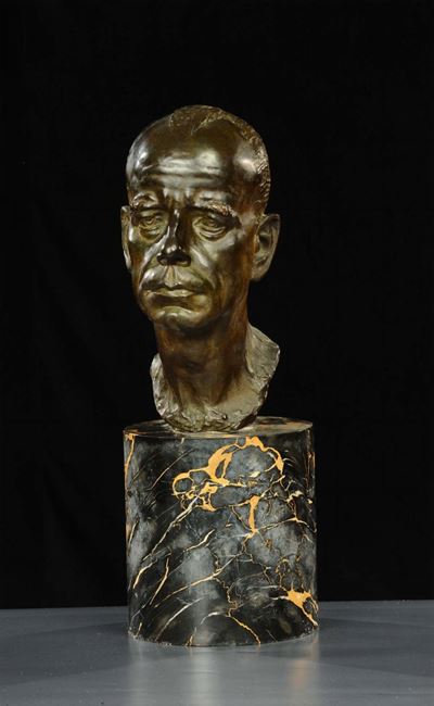 Busto in Bronzo Brunito su Base in Marmo, XX Secolo