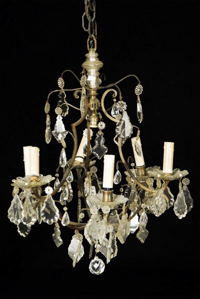 Lampadario Impero in Ferro e Cristalli a Sei Luci