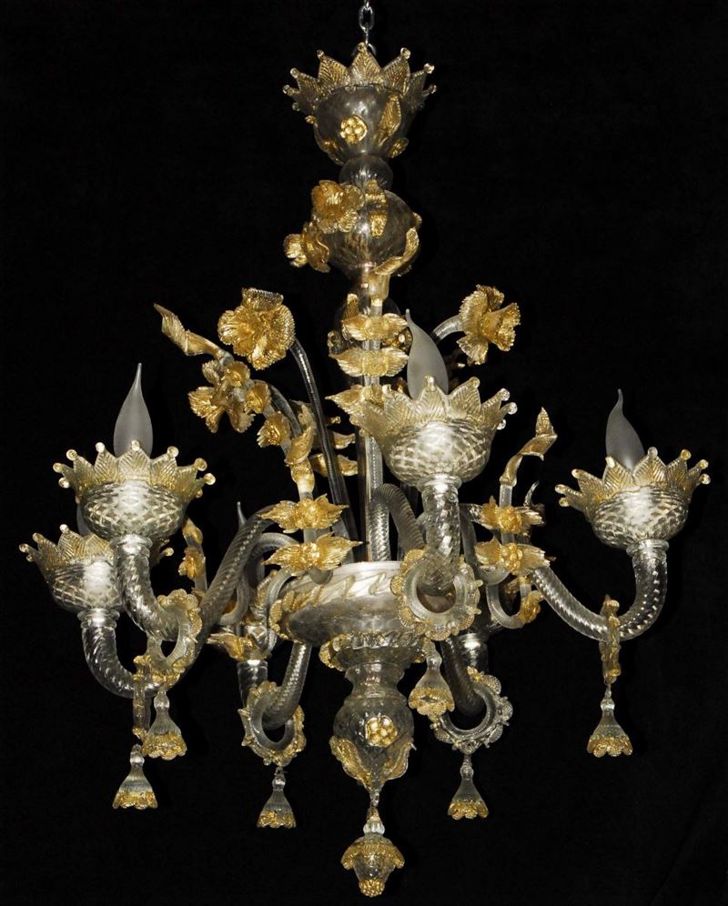 Lampadario a sei luci in vetro soffiato incolore, Murano XX secolo  - Auction Antiquariato, Argenti e Dipinti Antichi - Cambi Casa d'Aste