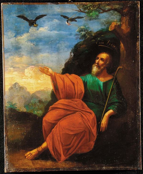 Scuola Italiana del XVII secolo Sant'Antonio abate nutrito dal corvo