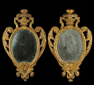 Coppia di Specchierine Luigi XVI in Legno Intagliato e Dorato, Parma XVIII Secolo