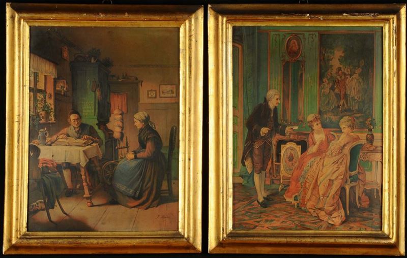 Coppia di oleografie raffiguranti scene d'interno  - Auction Antiquariato, Argenti e Dipinti Antichi - Cambi Casa d'Aste