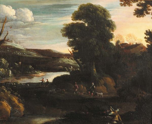 Scuola Italiana del XVII secolo Paesaggio con cacciatori