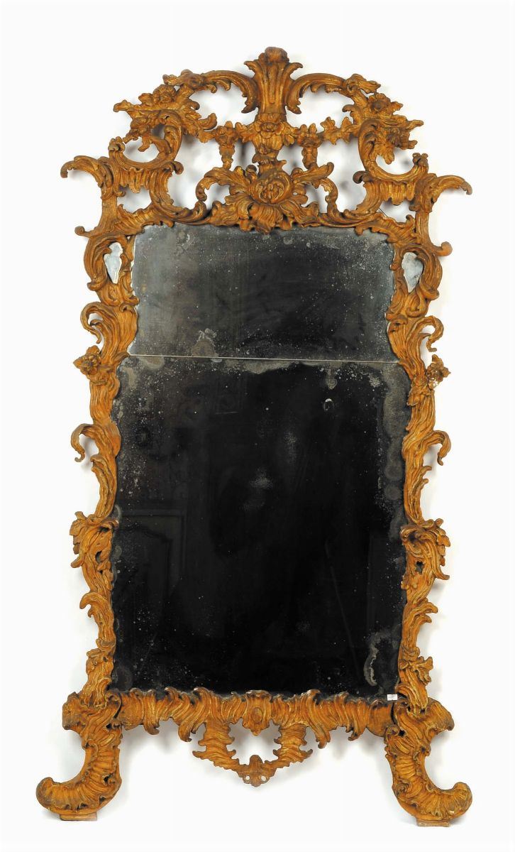 Specchiera Luigi XV in legno laccato color ruggine, Piemonte 1750 circa  - Auction Antiquariato, Argenti e Dipinti Antichi - Cambi Casa d'Aste