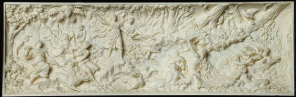 Placca in avorio finemente scolpito raffigurante scena mitologica, XIX secolo