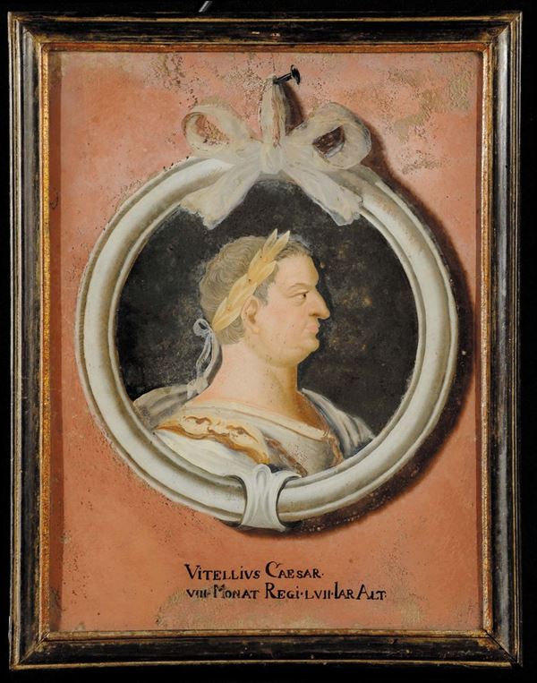 Sette dipinti su vetro raffiguranti imperatori romani, XVIII secolo