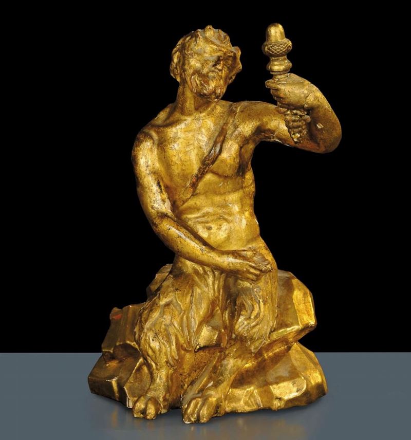 Scultura in legno intagliato e dorato raffigurante satiro, XVIII secolo  - Asta Antiquariato, Argenti e Dipinti Antichi - Cambi Casa d'Aste