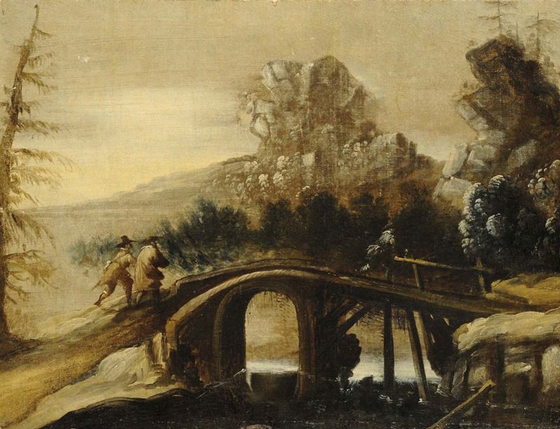 Scuola del XVIII secolo Paesaggio con ponte  - Asta Antiquariato, Argenti e Dipinti Antichi - Cambi Casa d'Aste