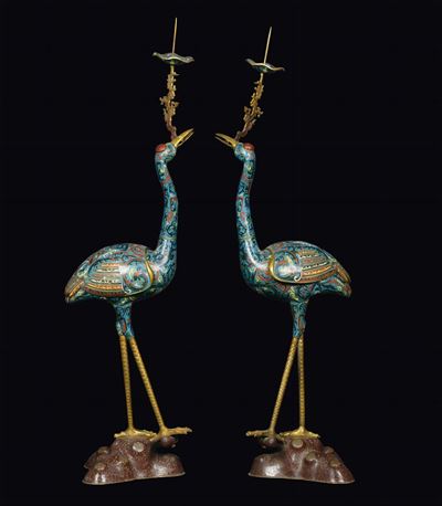 Coppia di Grandi Cicogne in Metallo e Smalti Cloisonnè, Cina, Dinastia Qing, XIX Secolo