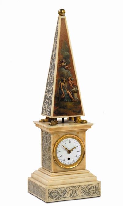 Orologio Ad Obelisco in Marmo Bianco, XIX Secolo