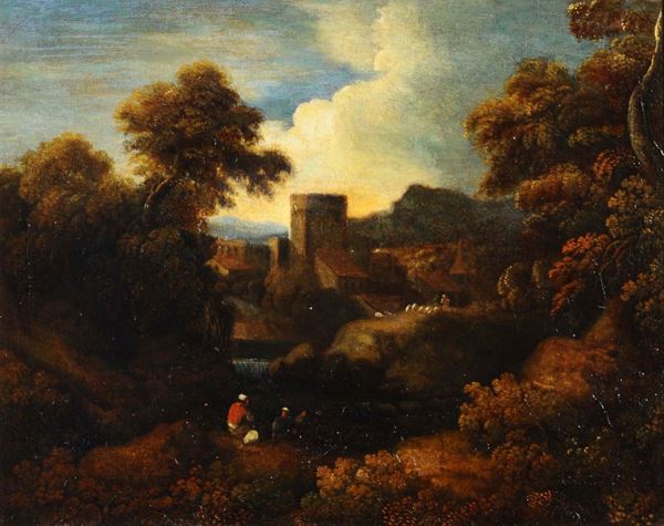 Scuola del XVIII secolo Paesaggio romano con cascata