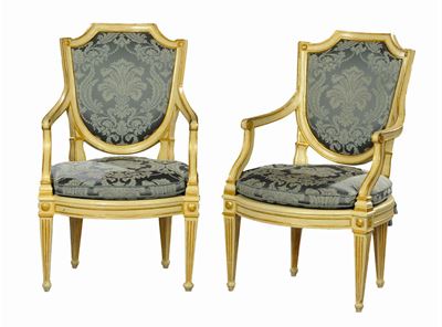 Coppia di Poltrone Luigi XVI Laccate in Bianco e Oro, Genova XVIII Secolo