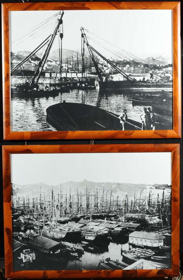 Quattro foto con vedute del porto di Genova