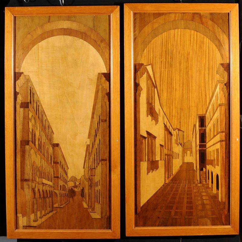 Coppia di pannelli in legno raffiguranti paesaggi  - Auction Antiquariato, Argenti e Dipinti Antichi - Cambi Casa d'Aste