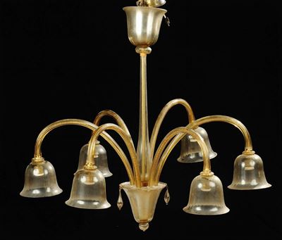 Lampadario a Sei Bracci con Campane Rovesciate in Vetro Fum di Murano, Anni Ô60