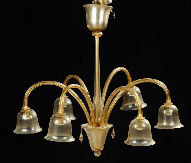 Lampadario a sei bracci con campane rovesciate in vetro fum di Murano, anni Ô60  - Auction Antiquariato, Argenti e Dipinti Antichi - Cambi Casa d'Aste