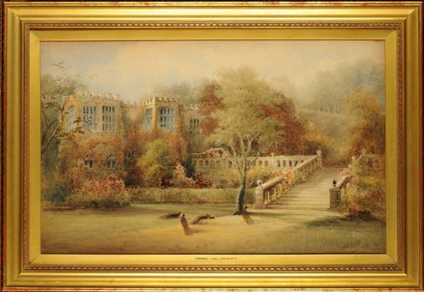 Frederick William Booty (1840-1924) Giardino con villa e pavoni