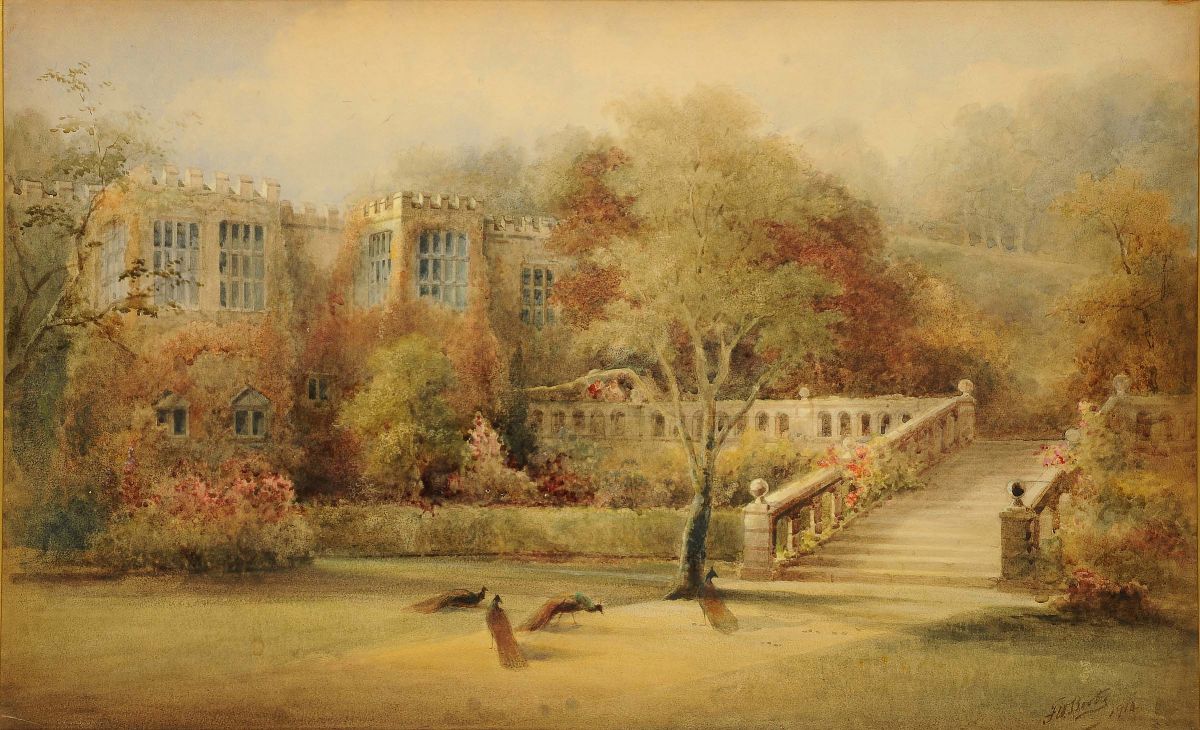 Frederick William Booty (1840-1924)giardino con Villa e Pavoni