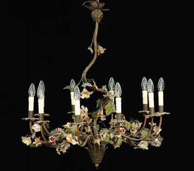 Lampadario in Metallo e Ceramica a Dieci Luci