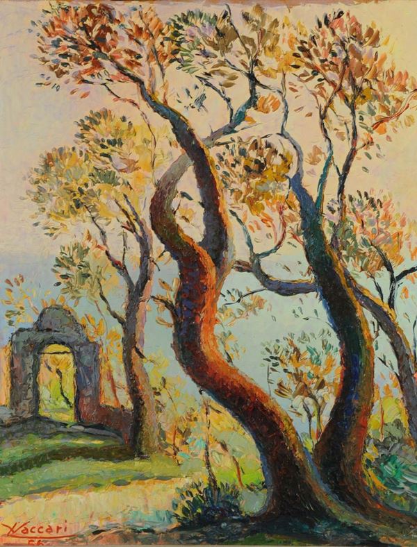 Leandro Vaccari (1905-1979) Tramonto tra gli ulivi a Megli, 1956
