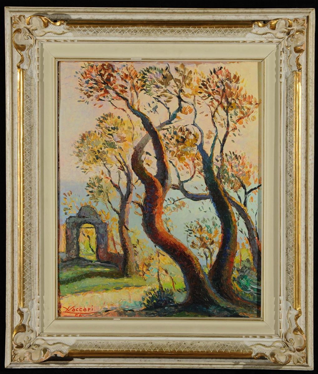Leandro Vaccari (1905-1979)tramonto tra gli Ulivi a Megli, 1956