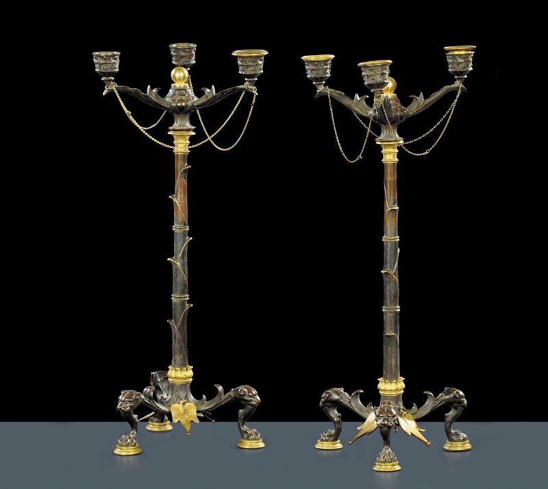 Coppia di candelieri in bronzo, Francia XIX secolo  - Auction Antiquariato, Argenti e Dipinti Antichi - Cambi Casa d'Aste