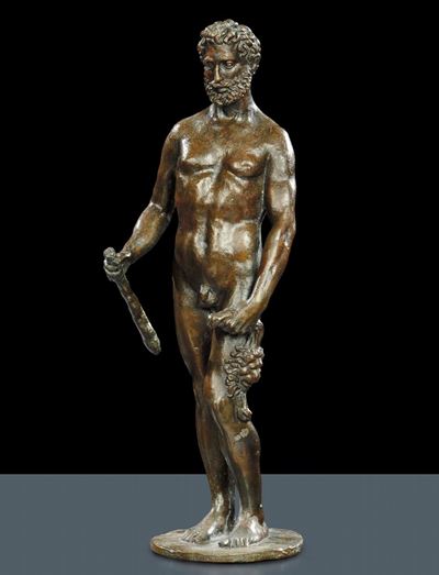 Scultura in Bronzo a Patina Scura Raffigurante Ercole, Firenze XVII Secolo