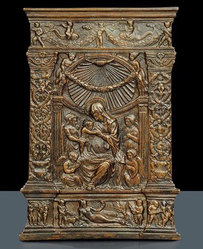 Placca in Bronzo Raffigurante Madonna con Bambino e Angeli, XVIII Secolo