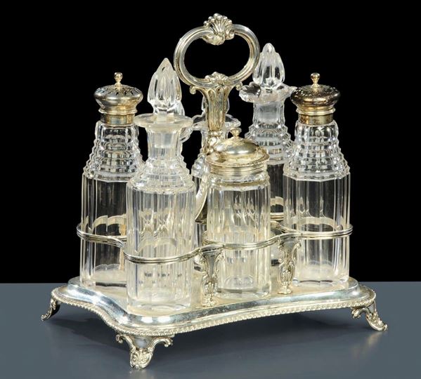 Cruet in argento con ampolle in cristallo, punzoni Londra 1832
